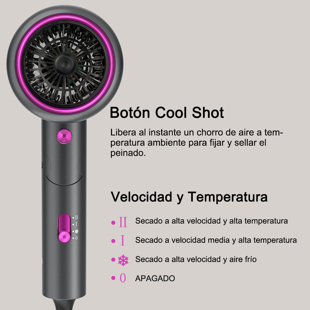 Secador de pelo iónico profesional Qimmaol Velofold con boquilla concentradora, difusor y peine [Compacto / Ligero / Plegable / 350 g]