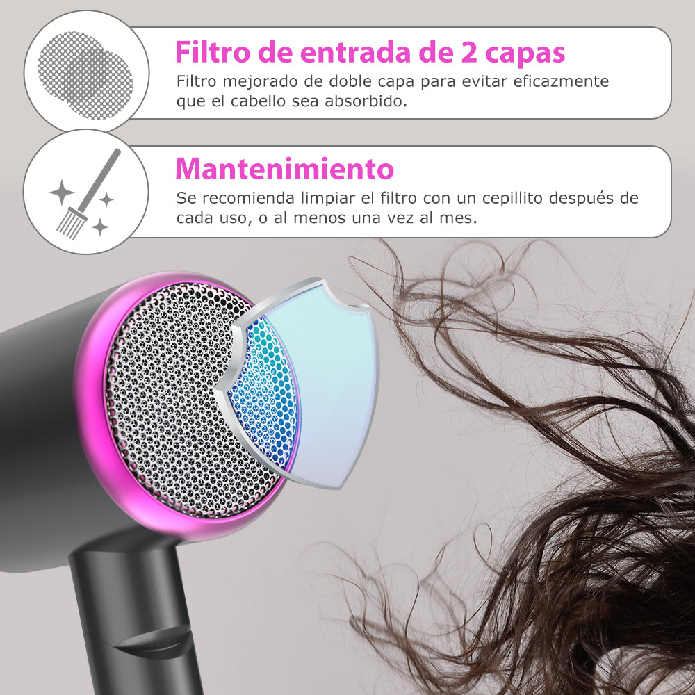 Secador de pelo iónico profesional Qimmaol Velofold con boquilla concentradora, difusor y peine [Compacto / Ligero / Plegable / 350 g]