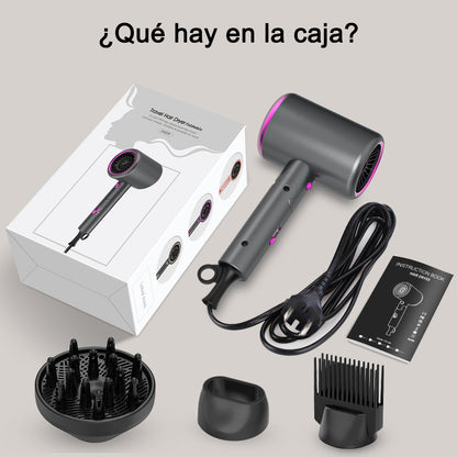 Secador de pelo iónico profesional Qimmaol Velofold con boquilla concentradora, difusor y peine [Compacto / Ligero / Plegable / 350 g]